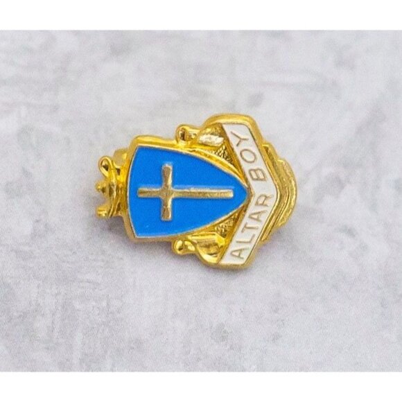 Vintage Altar Boy Celtic Religious Blue Cross Gold Brooch - CT1 - Picture 1 of 2